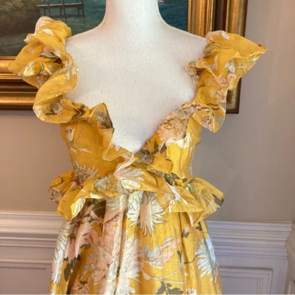 H&M Yellow Floral Ruffle Plunge Open Back Lyocell Midi Dress NWT - Picture 2 of 15